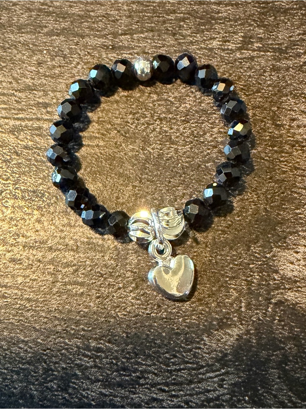 Black Faceted Obsidian Bead Stretch Ring with Silver Heart Charm